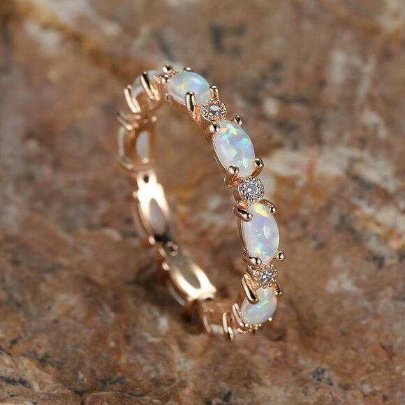 NEW 18k Rose Gold Opal Ring Band Dainty Eternity Ring Band - Picture 6 of 6